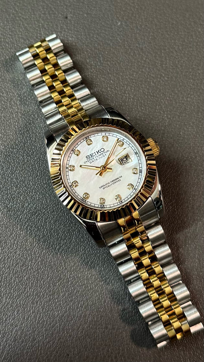 Lady DateJust: Two-Tone Gold Mother of Pearl Dial Gem Markers w/ Jubilee Bracelet