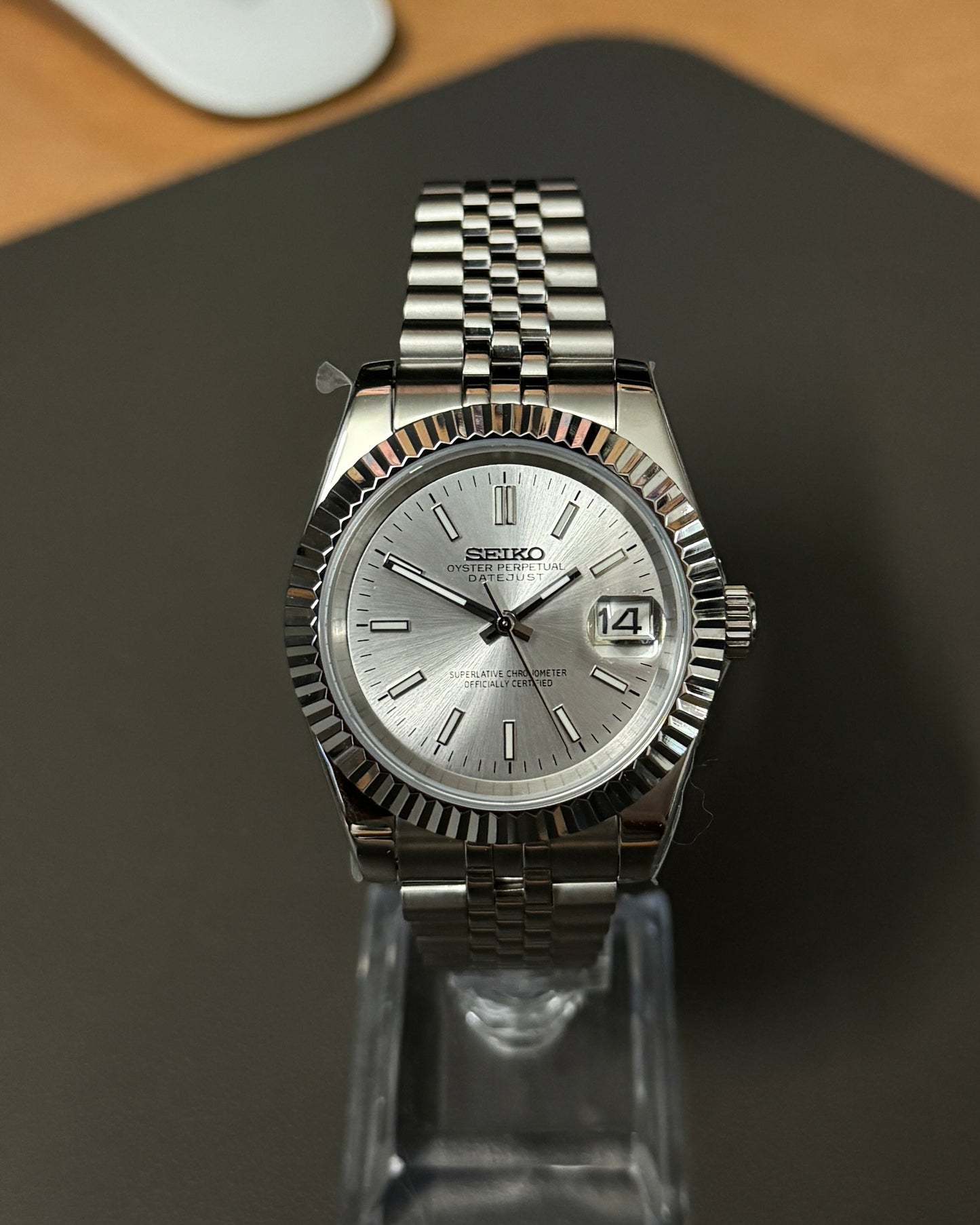 Seiko Mod DateJust: Stainless Steel Sunburst White Dial Stick Markers w/ Jubilee Bracelet