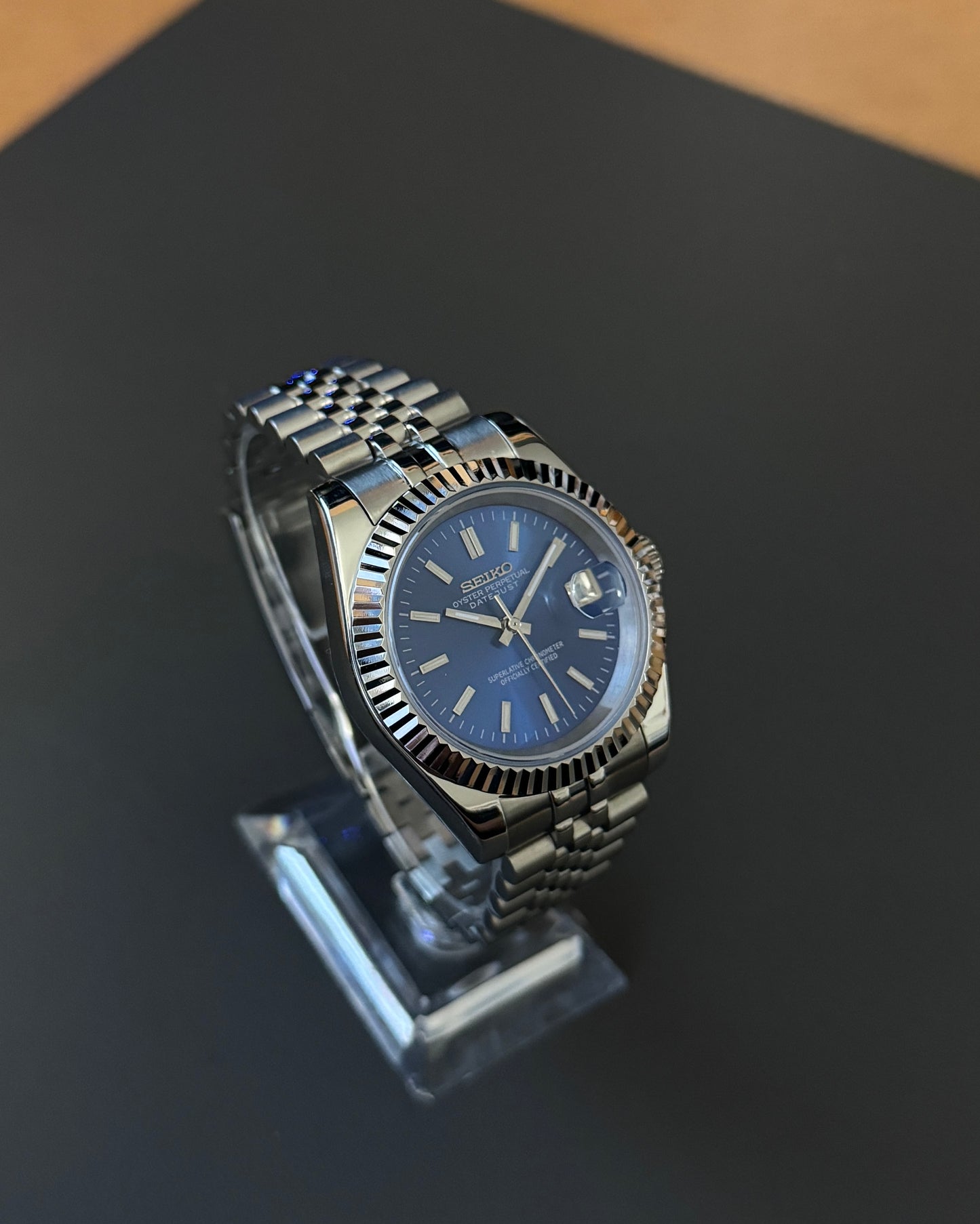 Seiko Mod Datejust: Stainless Steel Blue Dial Stick Markers w/ Jubilee Bracelet