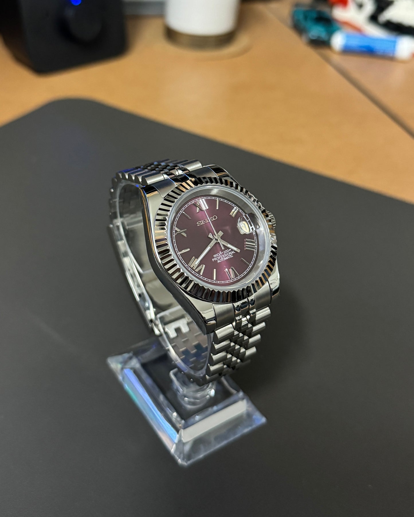 Seiko Mod DateJust: Stainless Steel Sunburst Cherry Dial Roman Numeral Markers w/ Jubilee Bracelet