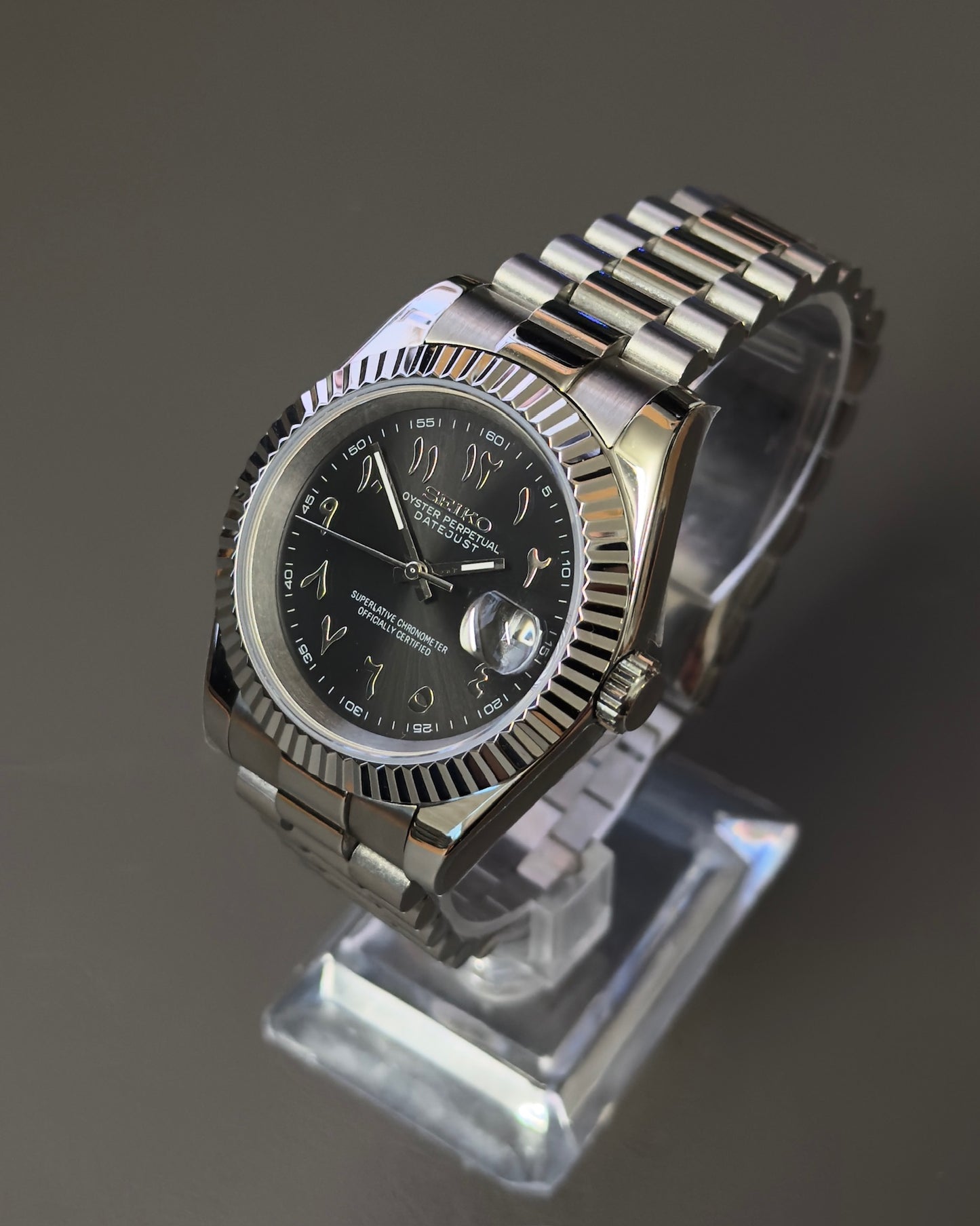 DateJust: Stainless Steel Black Dial Arabic Markers w/ Presidential Bracelet