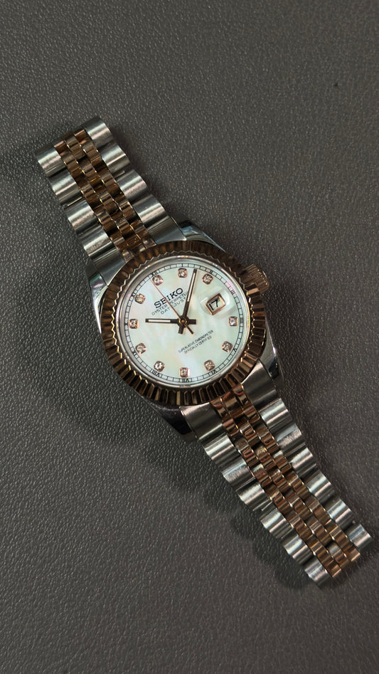 Seiko Mod Lady DateJust: Two-Tone Rose Gold Mother of Pearl Dial Gem Markers w/ Jubilee Bracelet