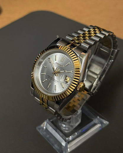 DateJust: Two-Tone Gold White Dial Stick Markers w/ Jubilee Bracelet
