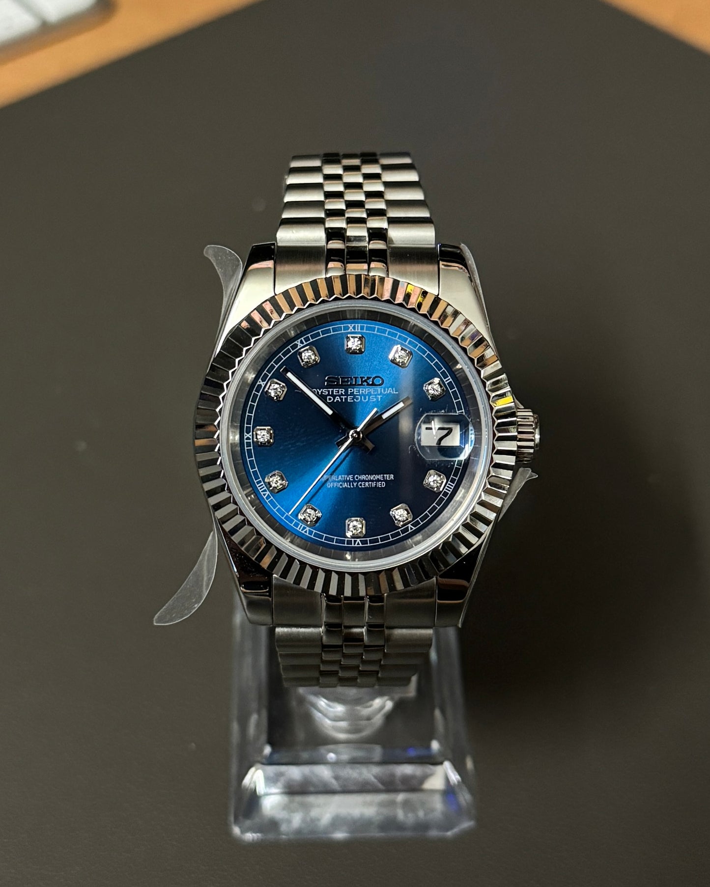 Seiko Mod DateJust: Stainless Steel Blue Dial Gem Markers w/ Jubilee Bracelet