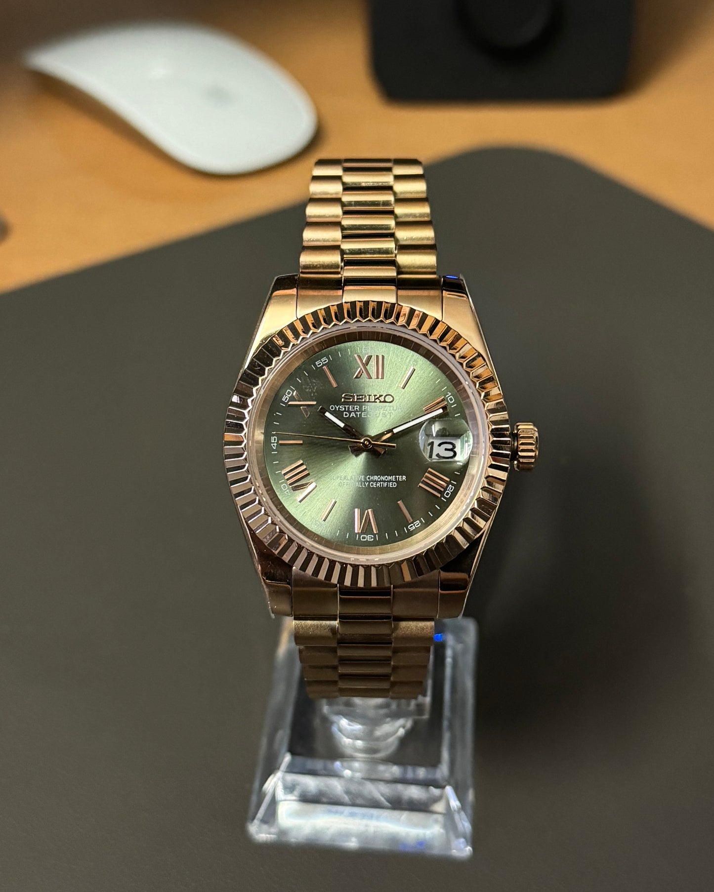 Seiko Mod DateJust: Rose Gold Olive Dial Roman Numeral Markers w/ Presidential Bracelet