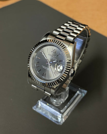 Seiko Mod DateJust: Stainless Steel Grey Dial Roman Markers w/ Presidential Bracelet