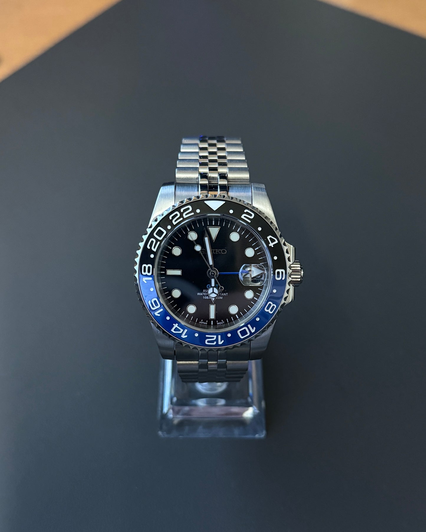 Seiko Mod GMT: Stainless Steel Batman on Jubilee Bracelet