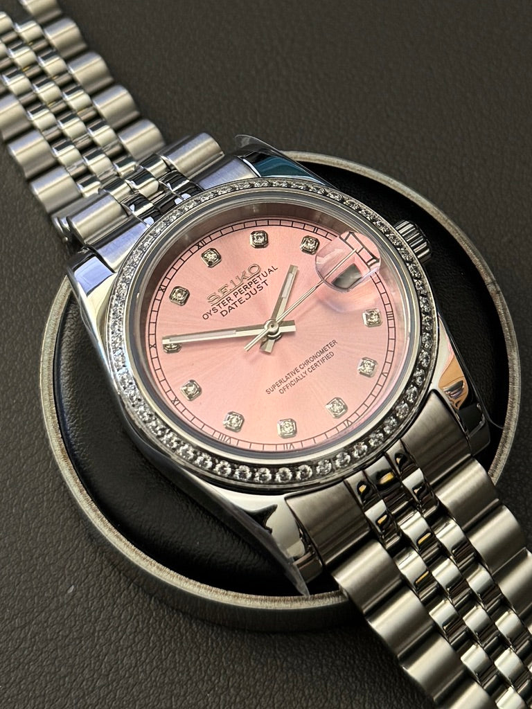 Seiko Mod DateJust: Stainless Steel Sunburst Pink Dial Gem Markers w/ Jubilee Bracelet