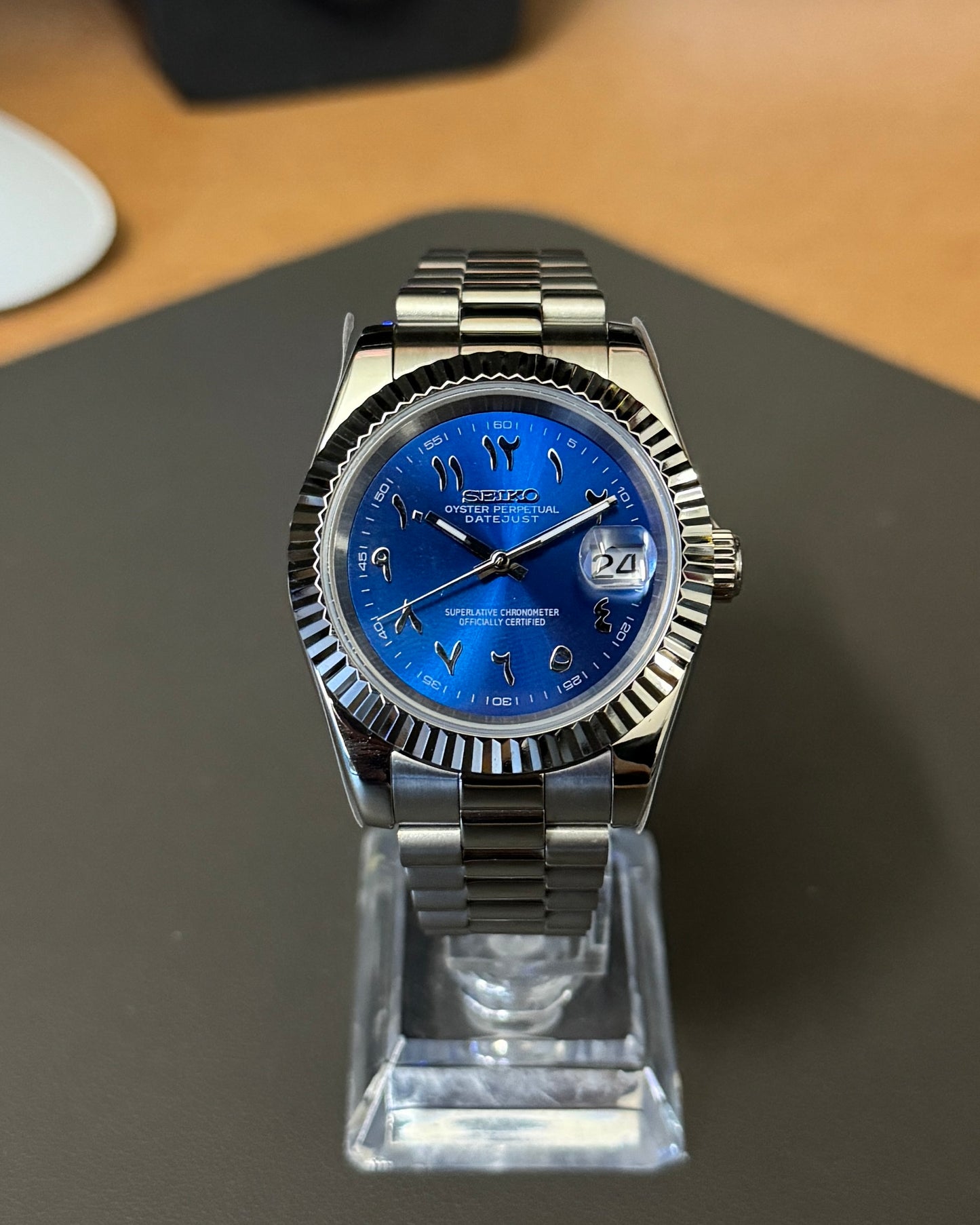 Seiko Mod DateJust: Stainless Steel Blue Dial Arabic Markers w/ Presidential Bracelet