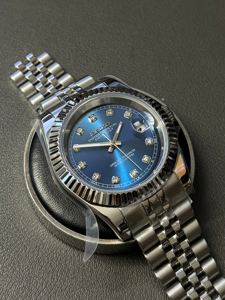 Seiko Mod DateJust: Stainless Steel Blue Dial Gem Markers w/ Jubilee Bracelet