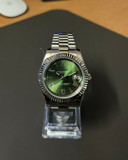 DateJust: Stainless Steel Green Olive Dial Roman Markers w/ Presidential Bracelet