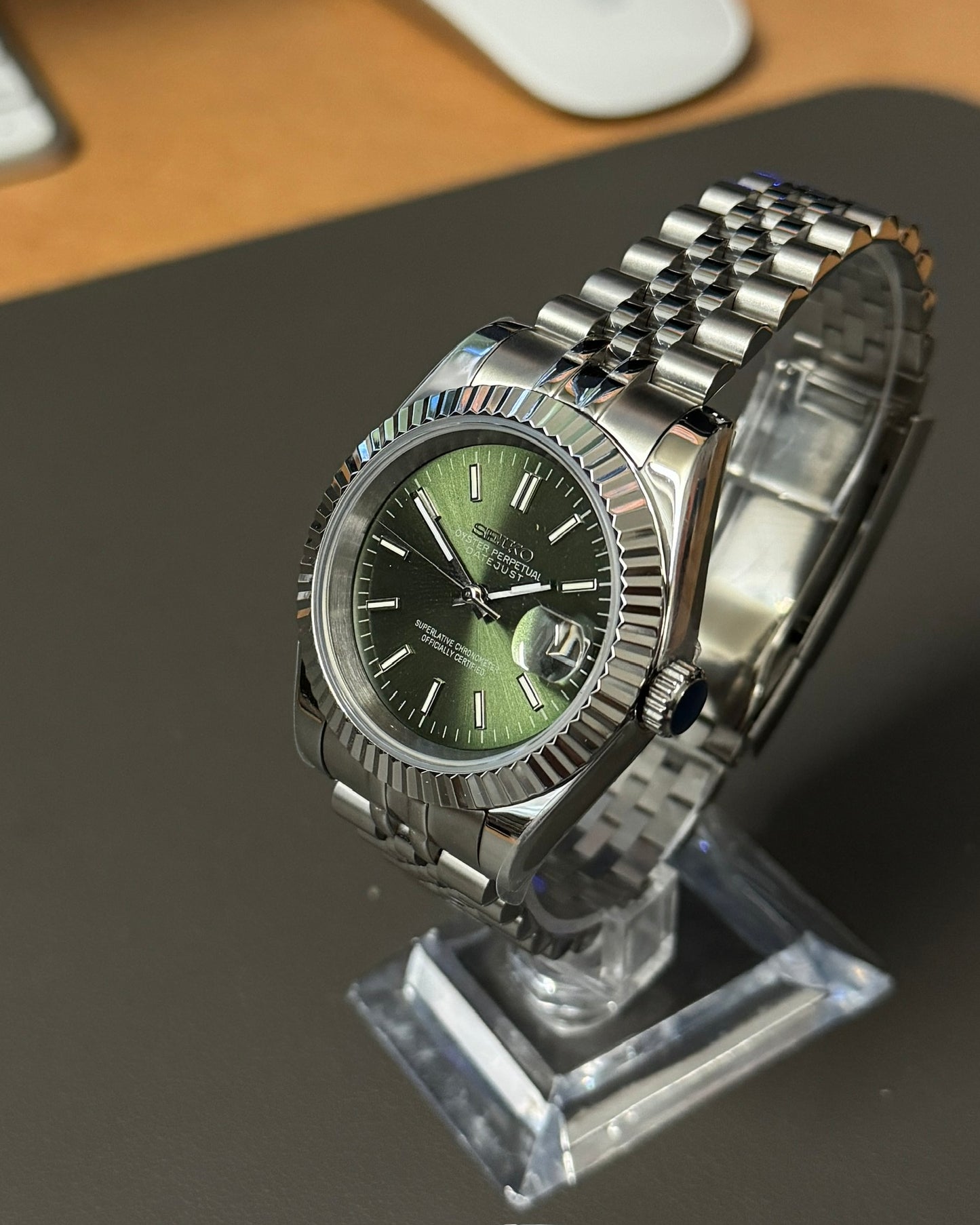 DateJust: Stainless Steel Olive Green Dial Stick Markers w/ Jubilee Bracelet