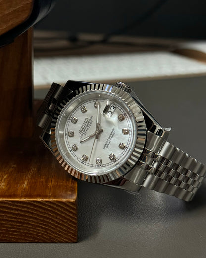 Seiko Mod DateJust: Stainless Steel Mother of Pearl Dial Gem Markers w/ Jubilee Bracelet