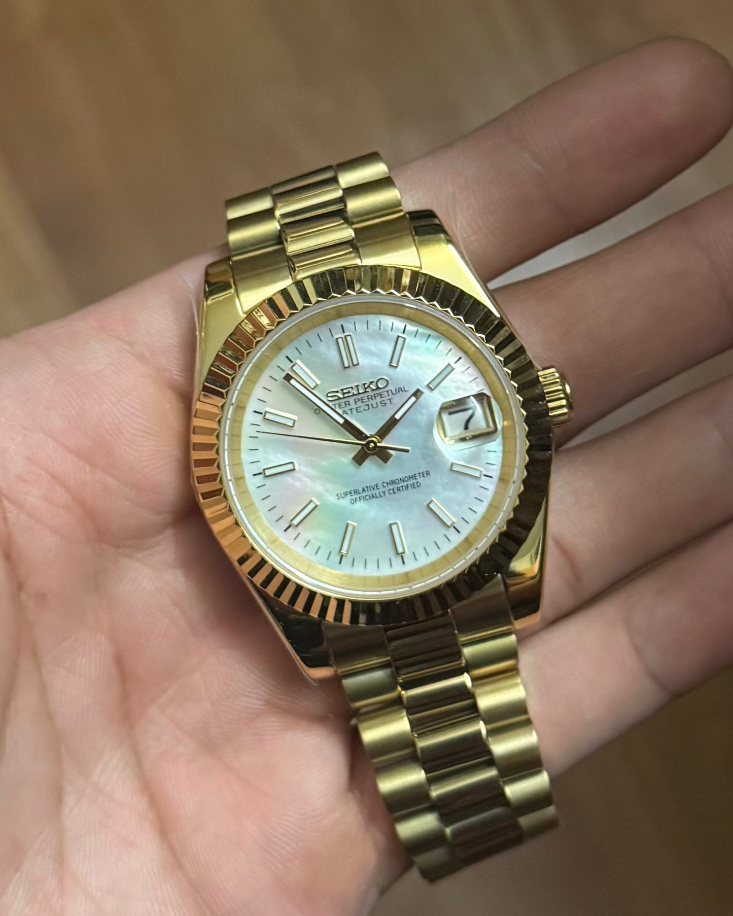 Seiko Mod DateJust: Yellow Gold Mother of Pearl Dial Stick Markers w/ Presidential Bracelet