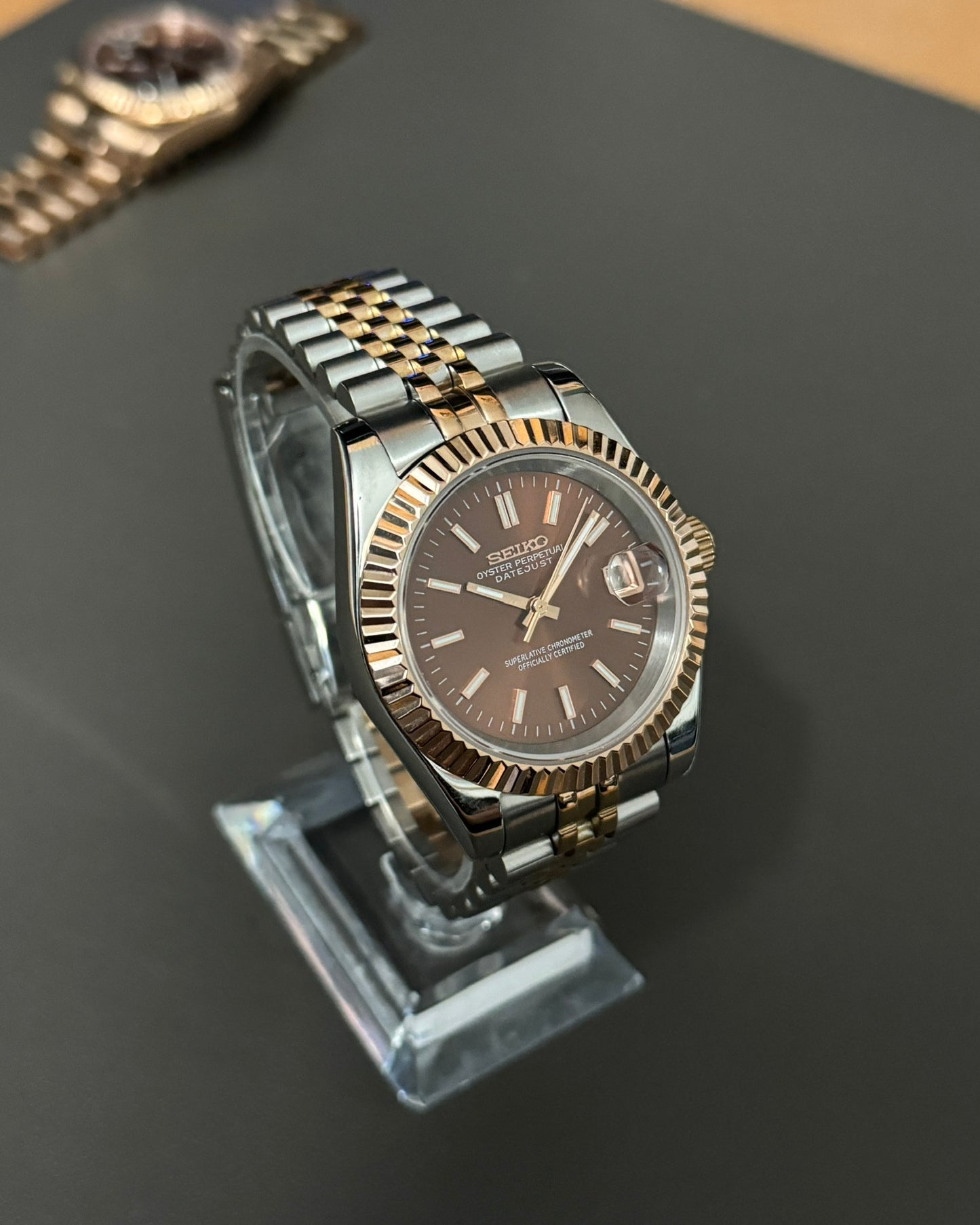 DateJust: Two Tone Rose Gold Chocolate Dial Stick Markers w/ Jubilee Bracelet