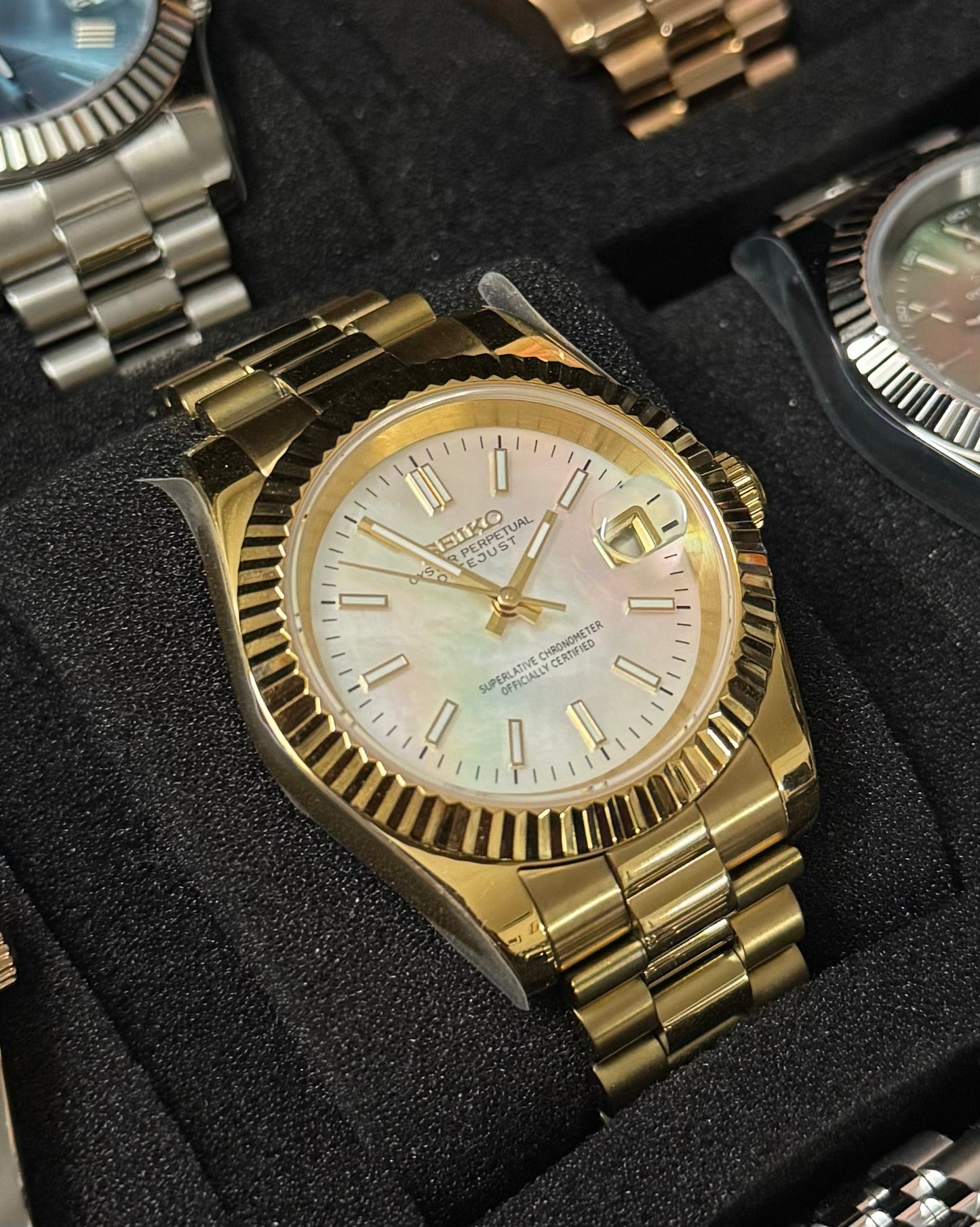 Seiko Mod DateJust: Yellow Gold Mother of Pearl Dial Stick Markers w/ Presidential Bracelet