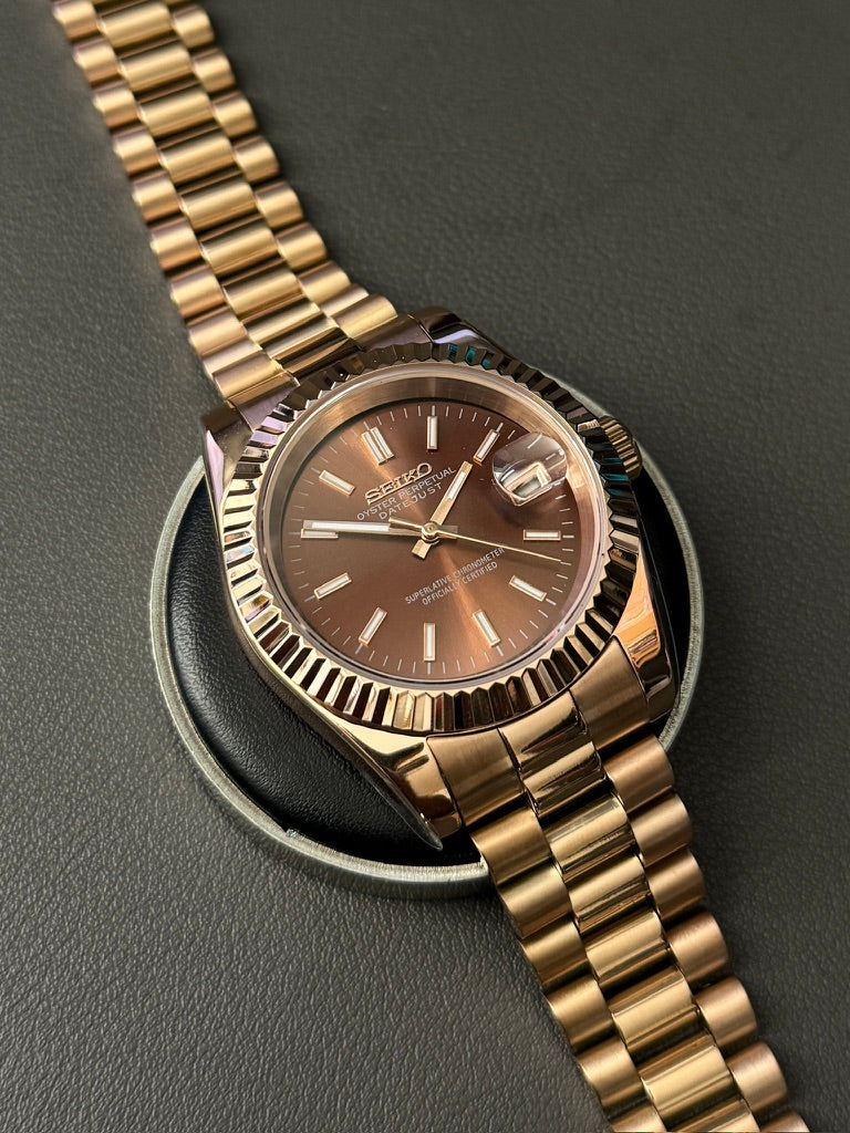 DateJust: Rose Gold Chocolate Dial Stick Markers w/ Presidential Bracelet
