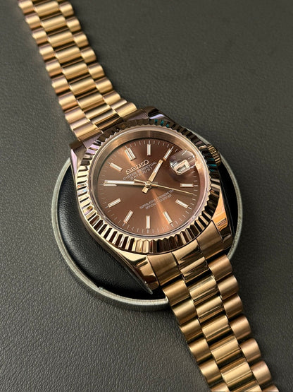 DateJust: Rose Gold Chocolate Dial Stick Markers w/ Presidential Bracelet