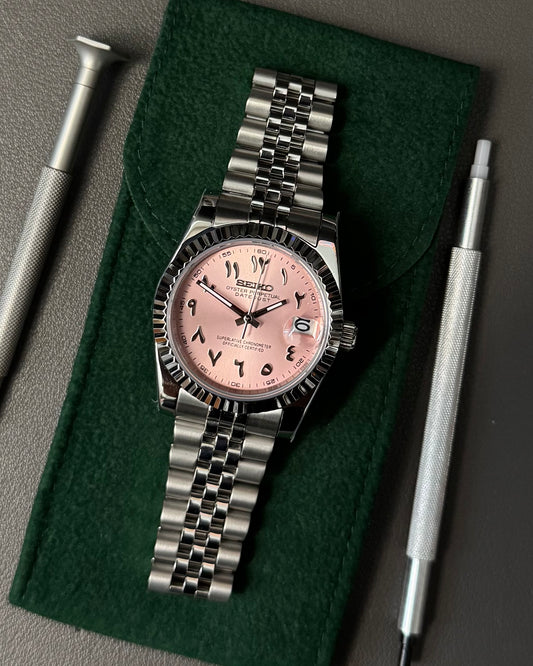 Seiko Mod DateJust: Stainless Steel Pink Salmon Dial Arabic Markers w/ Jubilee Bracelet
