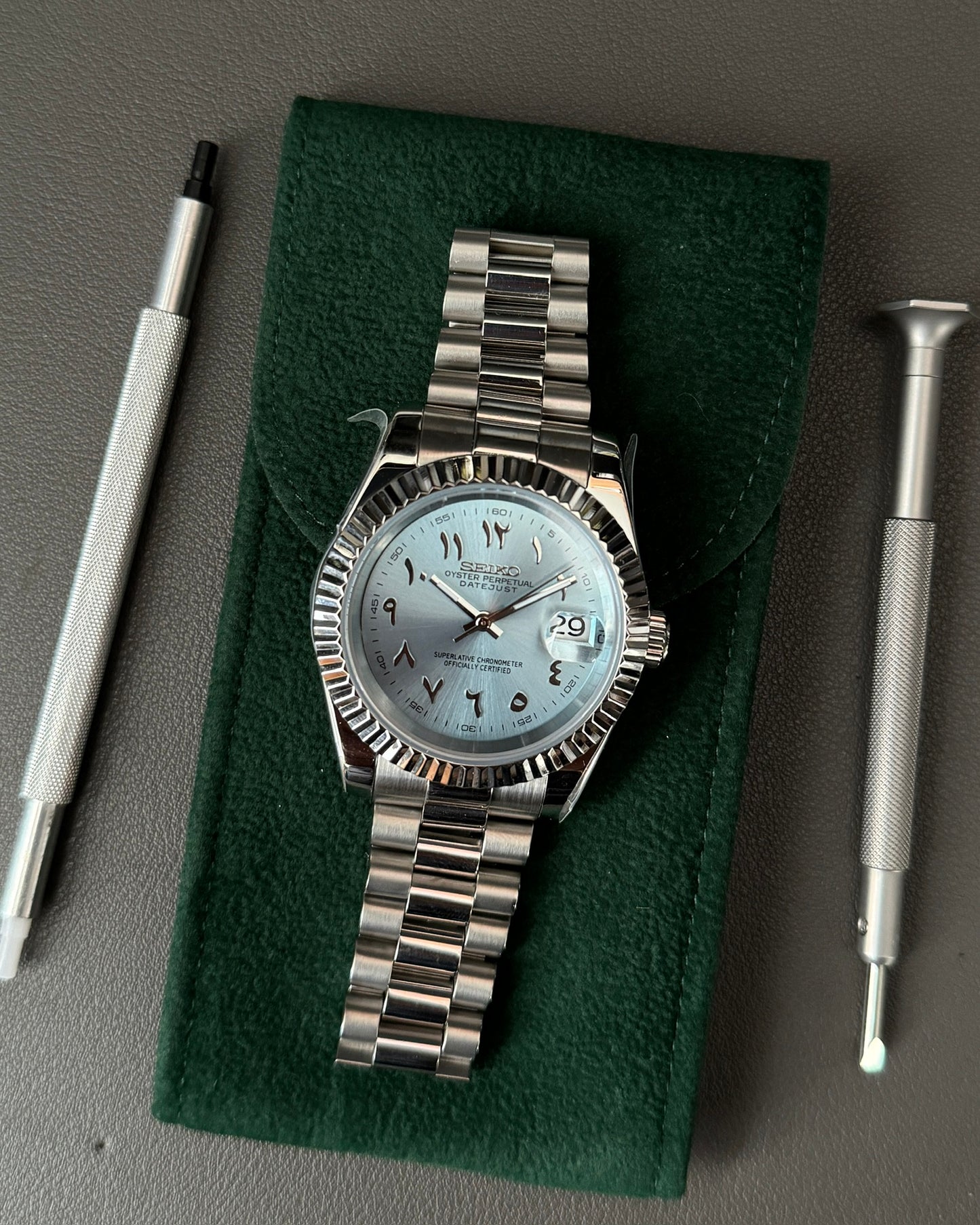 DateJust: Stainless Steel Ice Blue Dial Arabic Markers w/ President Bracelet