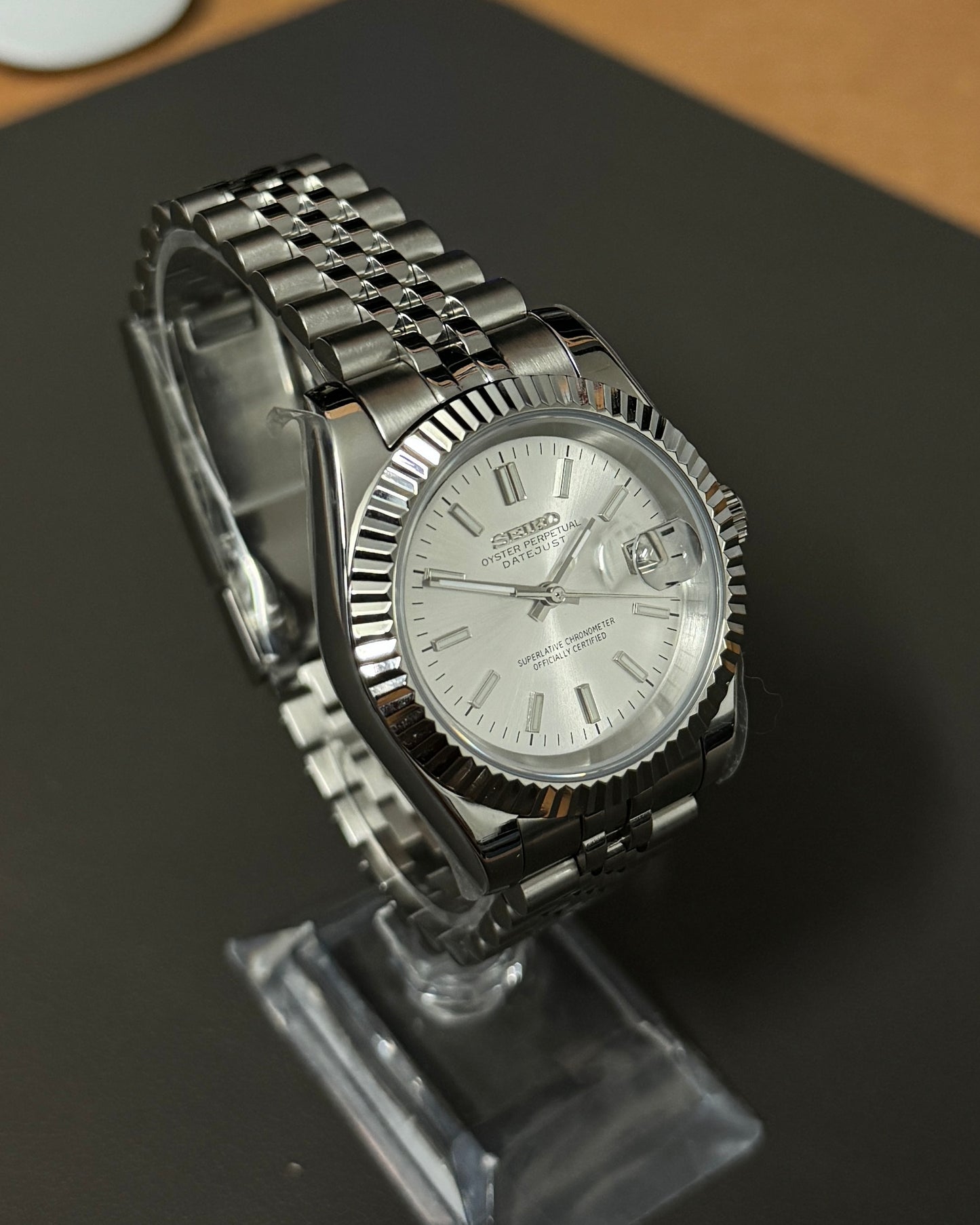 Seiko Mod DateJust: Stainless Steel Sunburst White Dial Stick Markers w/ Jubilee Bracelet