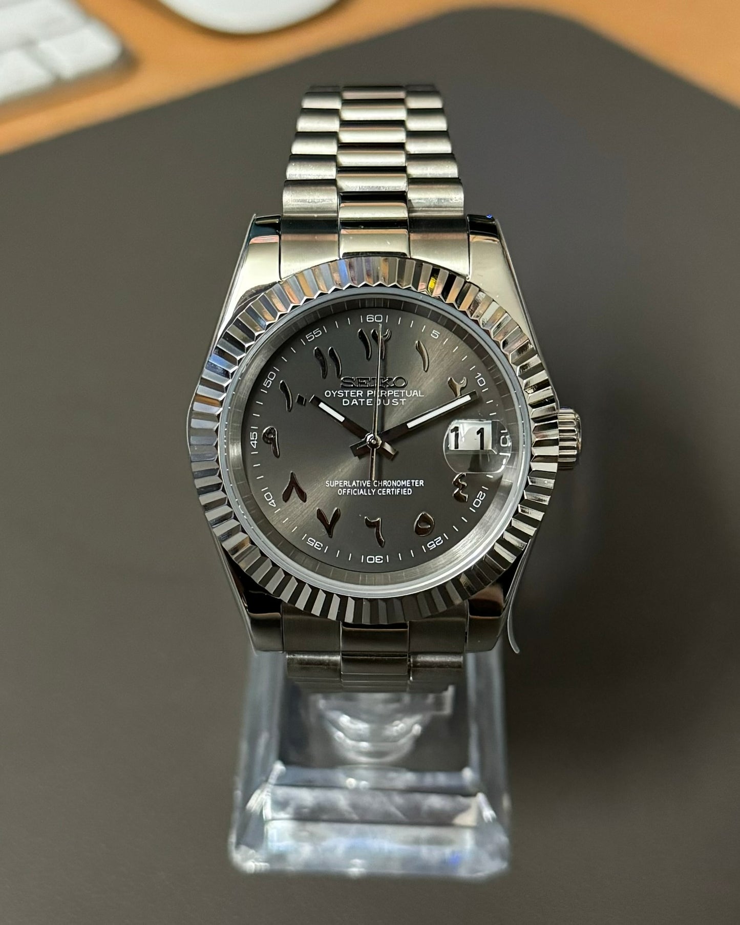 DateJust: Stainless Steel Grey Dial Arabic Markers w/ Presidential Bracelet