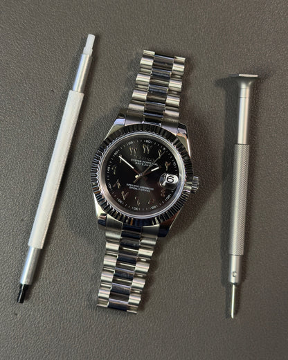 DateJust: Stainless Steel Black Dial Arabic Markers w/ Presidential Bracelet