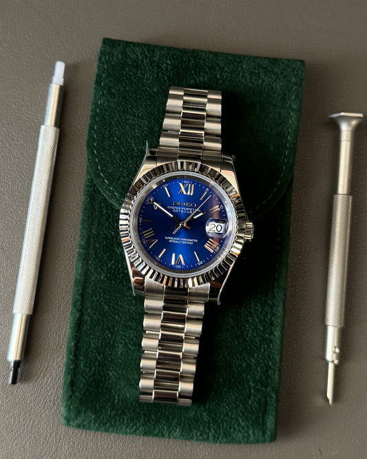 Seiko Mod DateJust: Stainless Steel Blue Dial Roman Markers w/ Presidential Bracelet