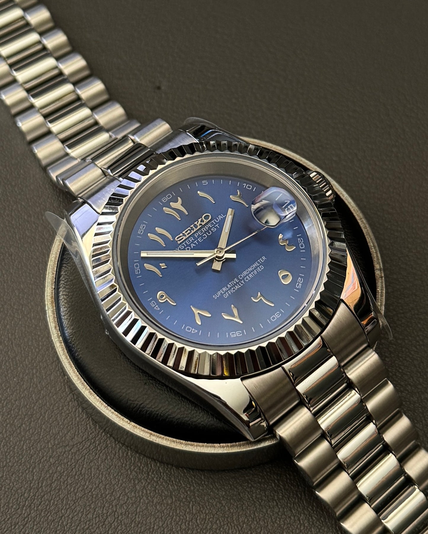 Seiko Mod DateJust: Stainless Steel Blue Dial Arabic Markers w/ Presidential Bracelet