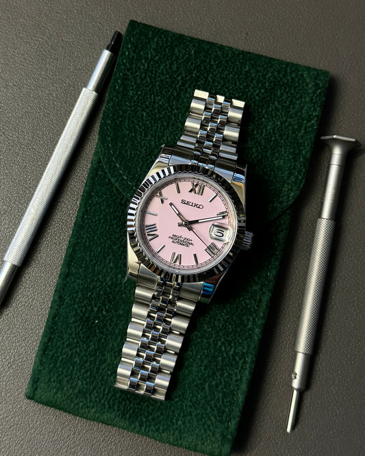 Seiko Mod Datejust: Stainless Steel Pink Enamel Dial Roman Markers w/ Jubilee Bracelet