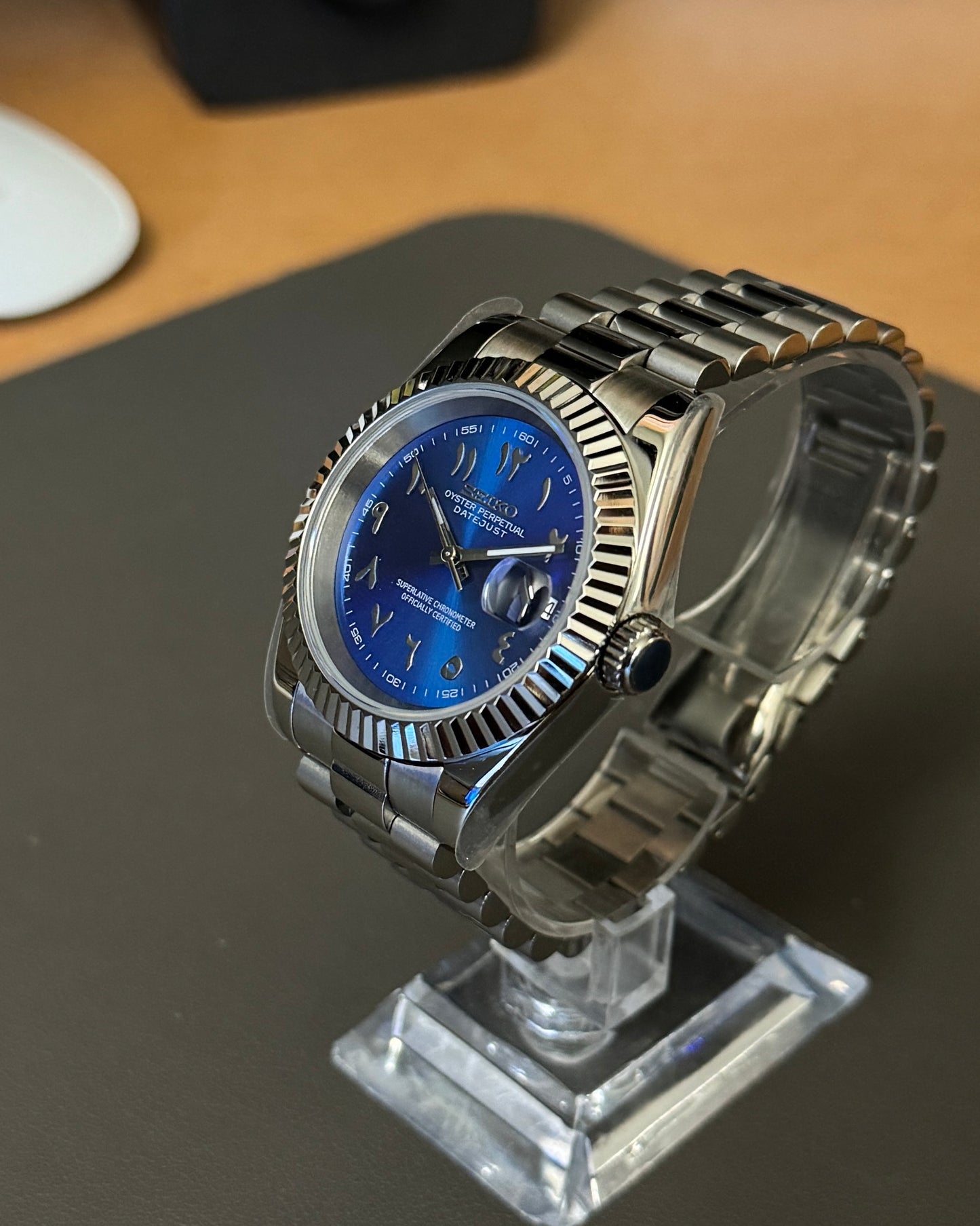 Seiko Mod DateJust: Stainless Steel Blue Dial Arabic Markers w/ Presidential Bracelet