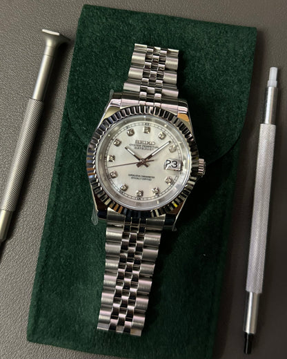 Seiko Mod DateJust: Stainless Steel Mother of Pearl Dial Gem Markers w/ Jubilee Bracelet