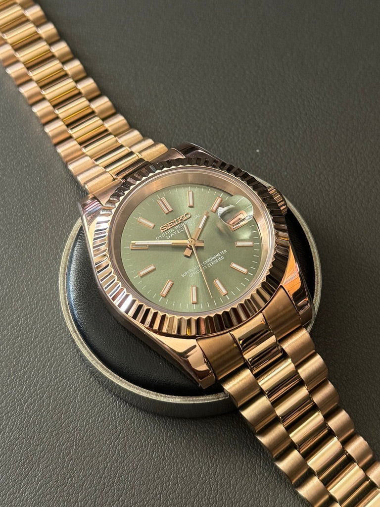 Seiko Mod DateJust: Rose Gold Olive Green Dial Stick Markers w/ Presidential Bracelet