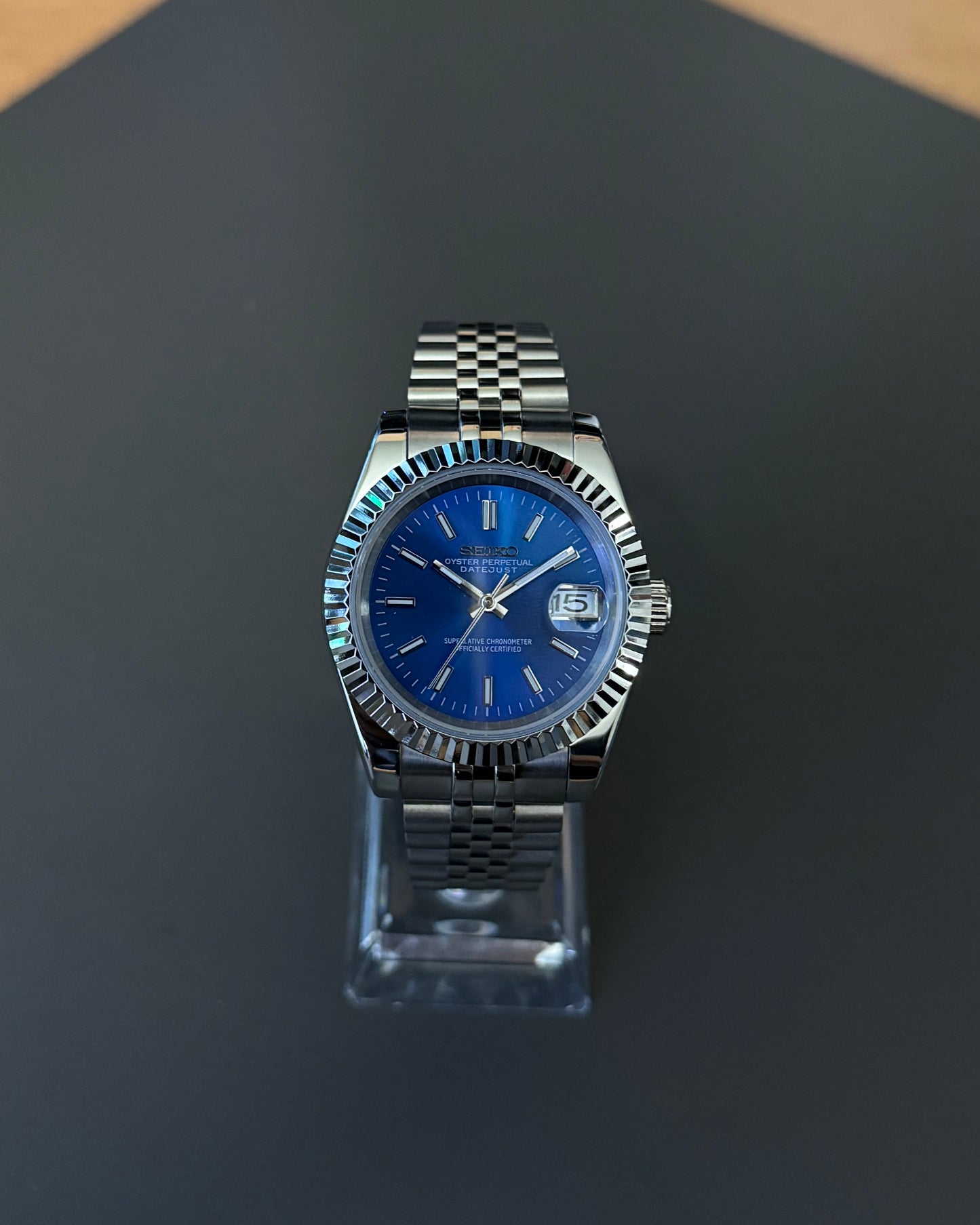 Seiko Mod Datejust: Stainless Steel Blue Dial Stick Markers w/ Jubilee Bracelet