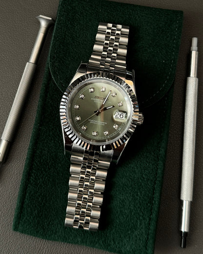 DateJust: Stainless Steel Sunburst Olive Dial Gem Markers w/ Jubilee Bracelet