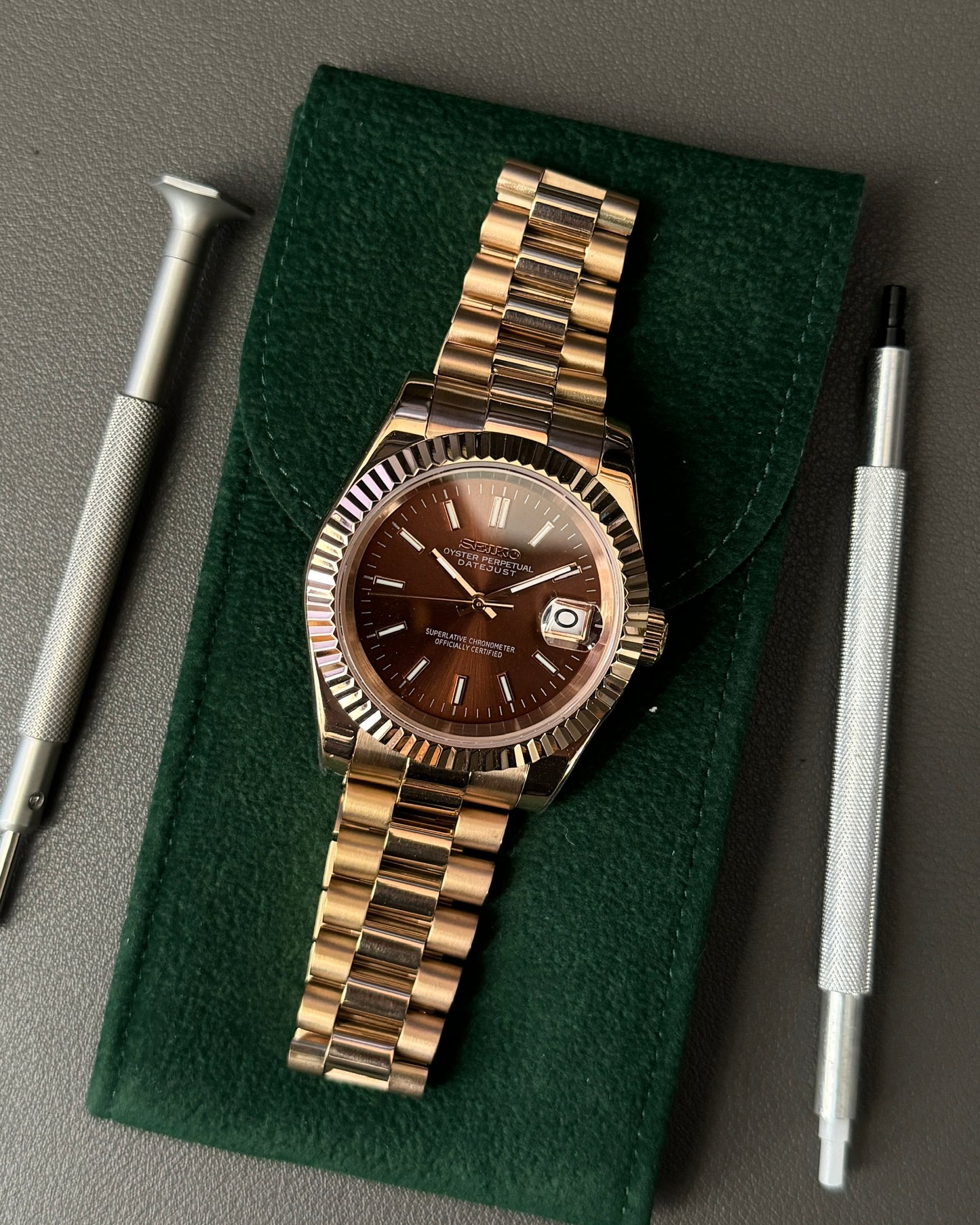DateJust: Rose Gold Chocolate Dial Stick Markers w/ Presidential Bracelet