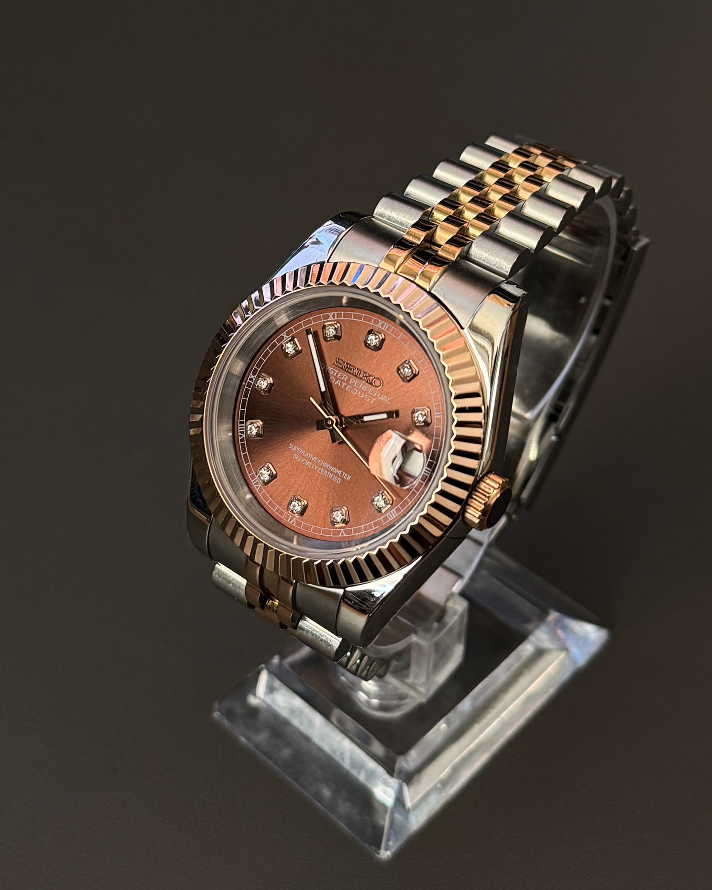 Seiko Mod DateJust: Two Tone Rose Gold Chocolate Dial Gem Markers w/ Jubilee Bracelet