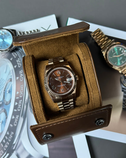 DateJust: Rose Gold Chocolate Dial Roman Numerals Fluted Bezel on Presidential Bracelet