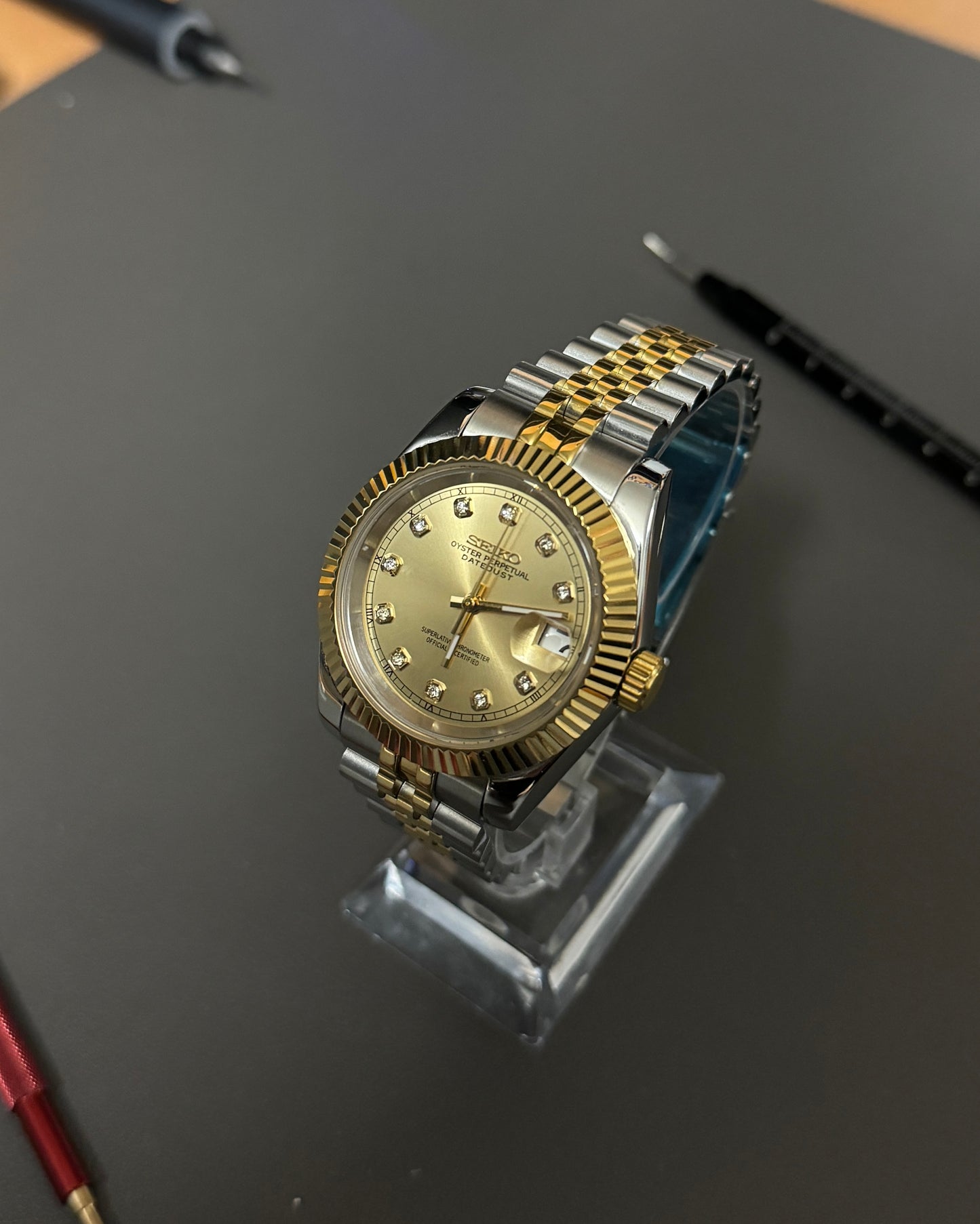 Seiko Mod DateJust: Two Tone Champagne Gem Marker Dial on Jubilee Bracelet