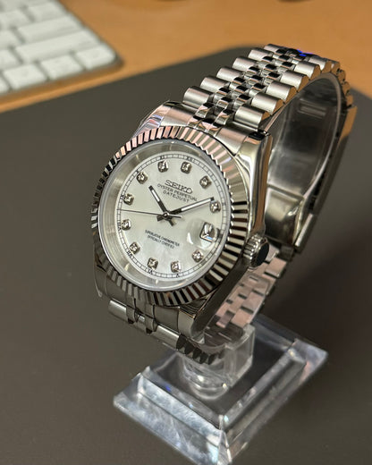 Seiko Mod DateJust: Stainless Steel Mother of Pearl Dial Gem Markers w/ Jubilee Bracelet