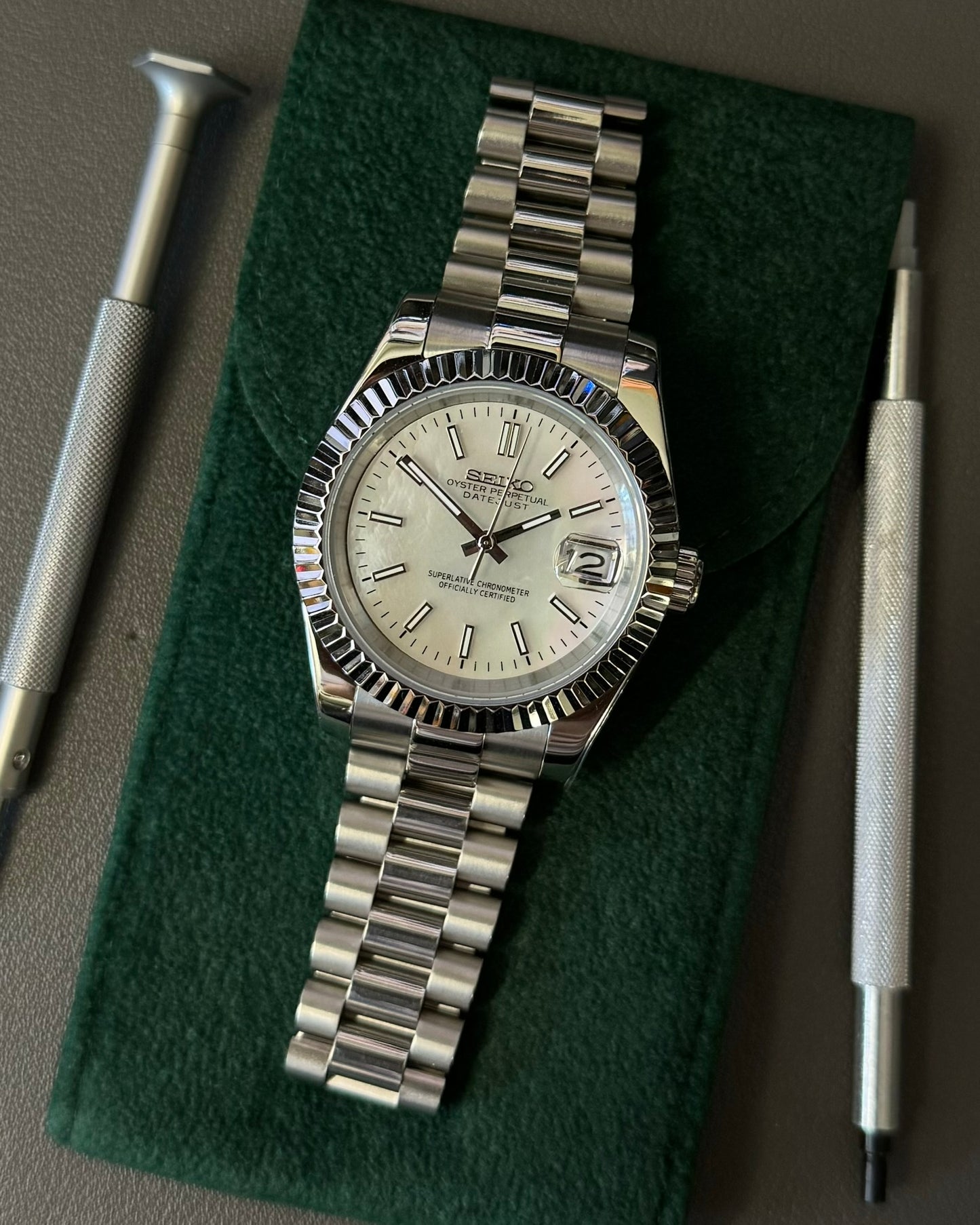 DateJust: Stainless Steel Mother of Pearl Dial Stick Markers w/ Presidential Bracelet
