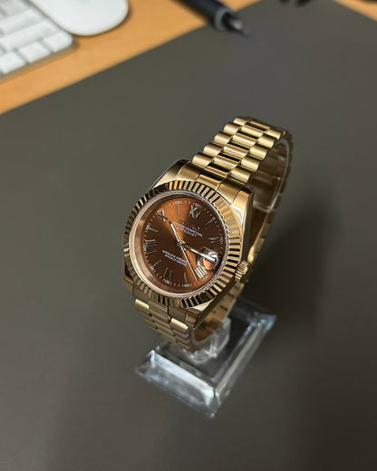 DateJust: Rose Gold Chocolate Dial Roman Numerals Fluted Bezel on Presidential Bracelet