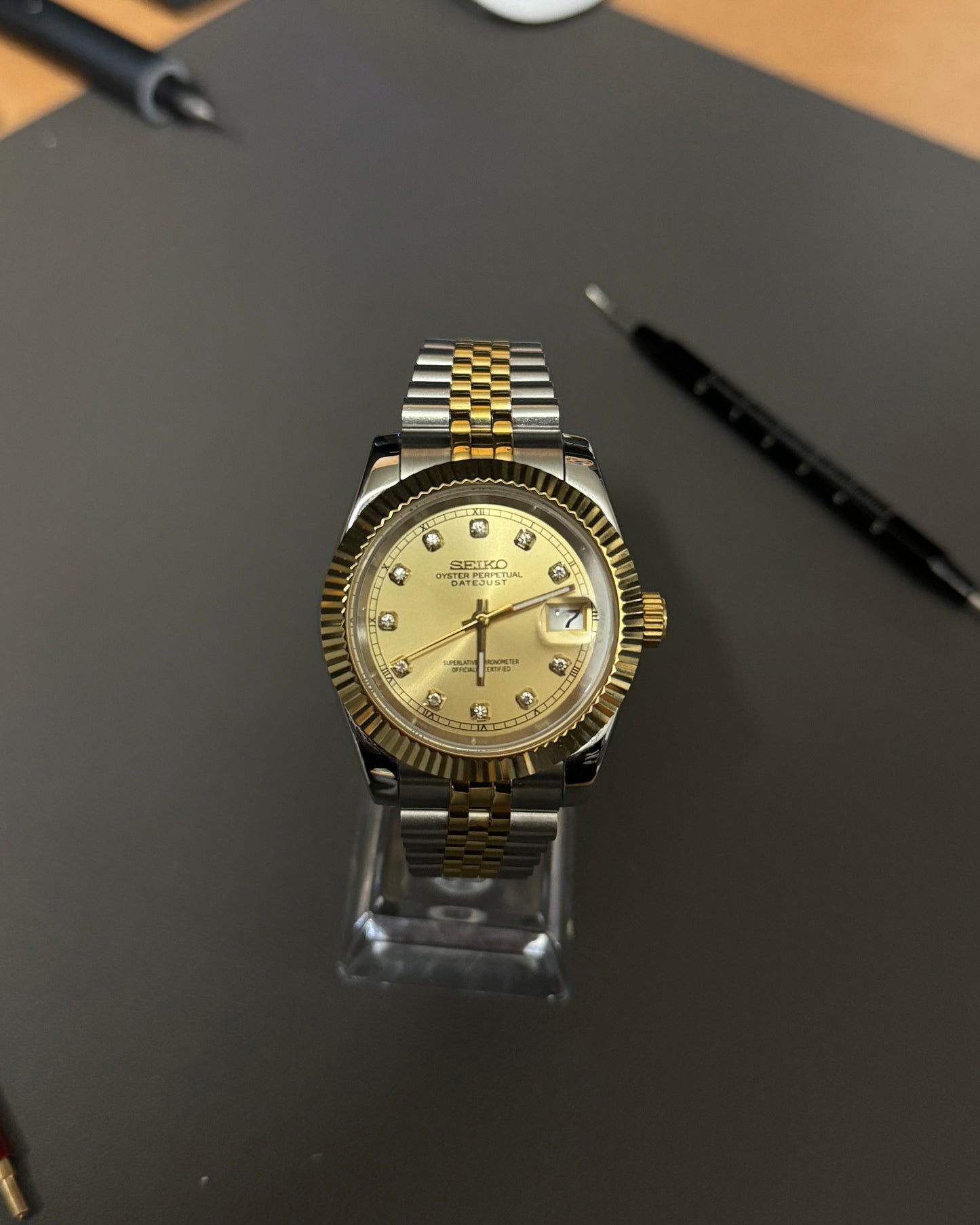 Seiko Mod DateJust: Two Tone Champagne Gem Marker Dial on Jubilee Bracelet