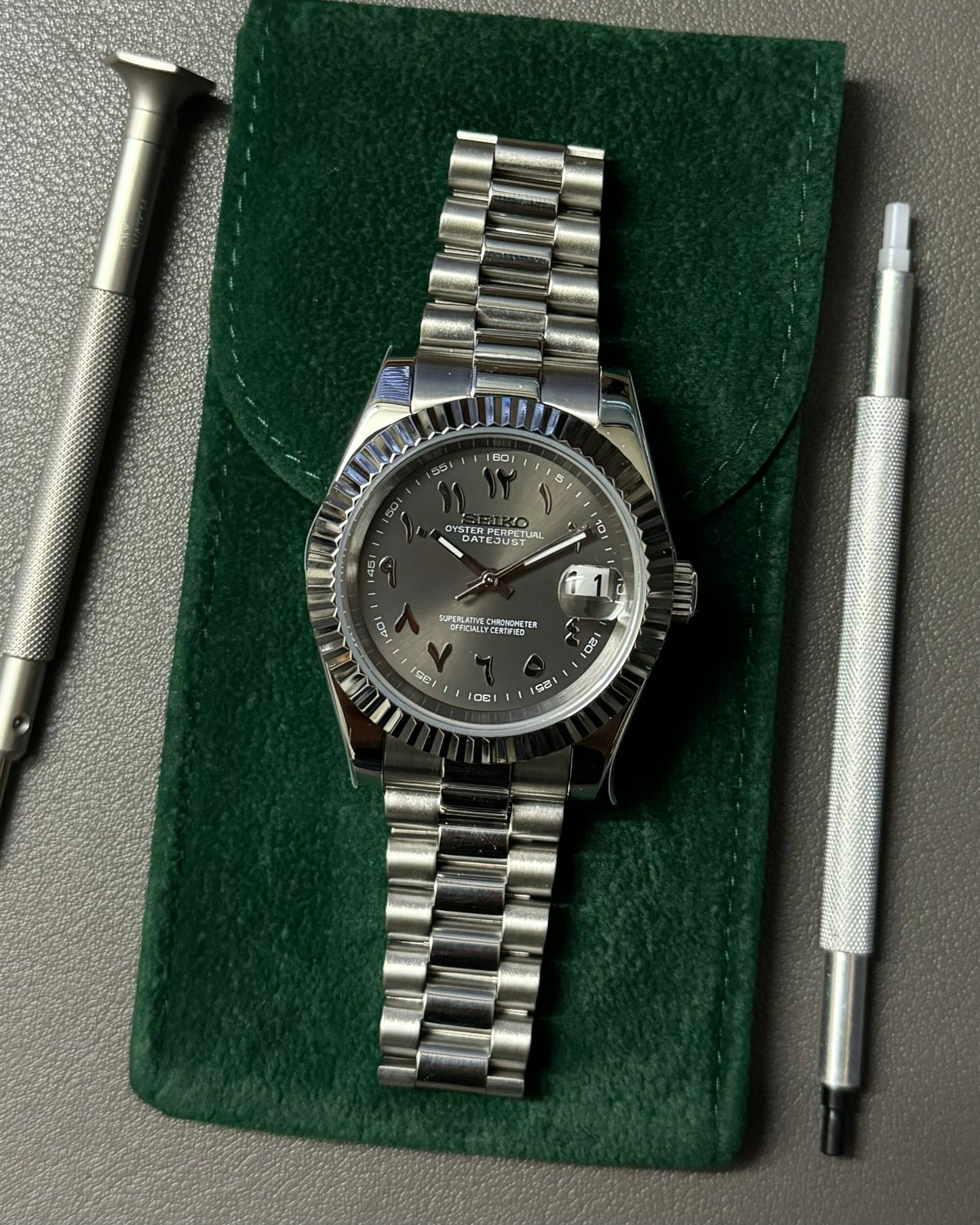 DateJust: Stainless Steel Grey Dial Arabic Markers w/ Presidential Bracelet