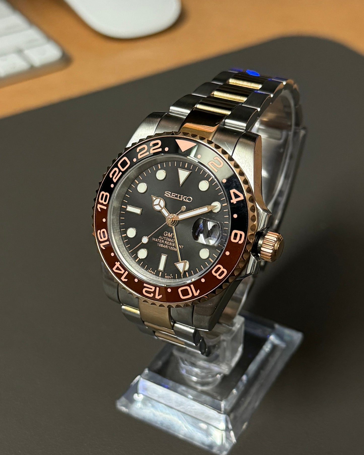 Seiko Mod GMT: Two-Tone Rose Gold Root Beer Rotating Bezel w/ Oyster Bracelet