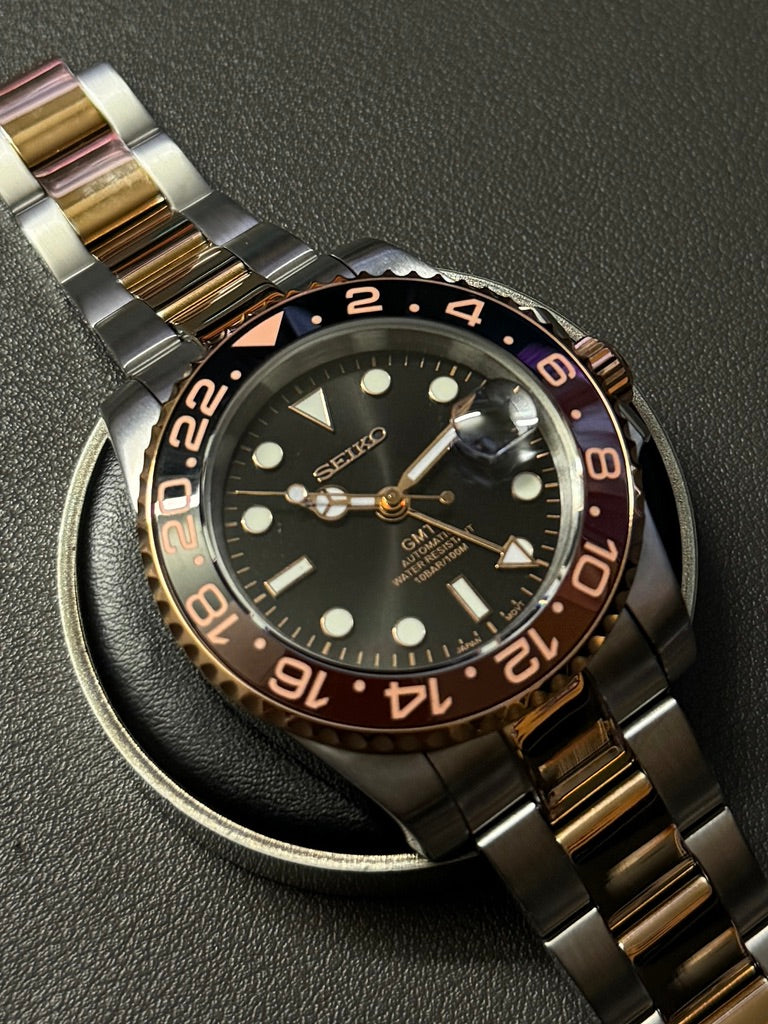 Seiko Mod GMT: Two-Tone Rose Gold Root Beer Rotating Bezel w/ Oyster Bracelet