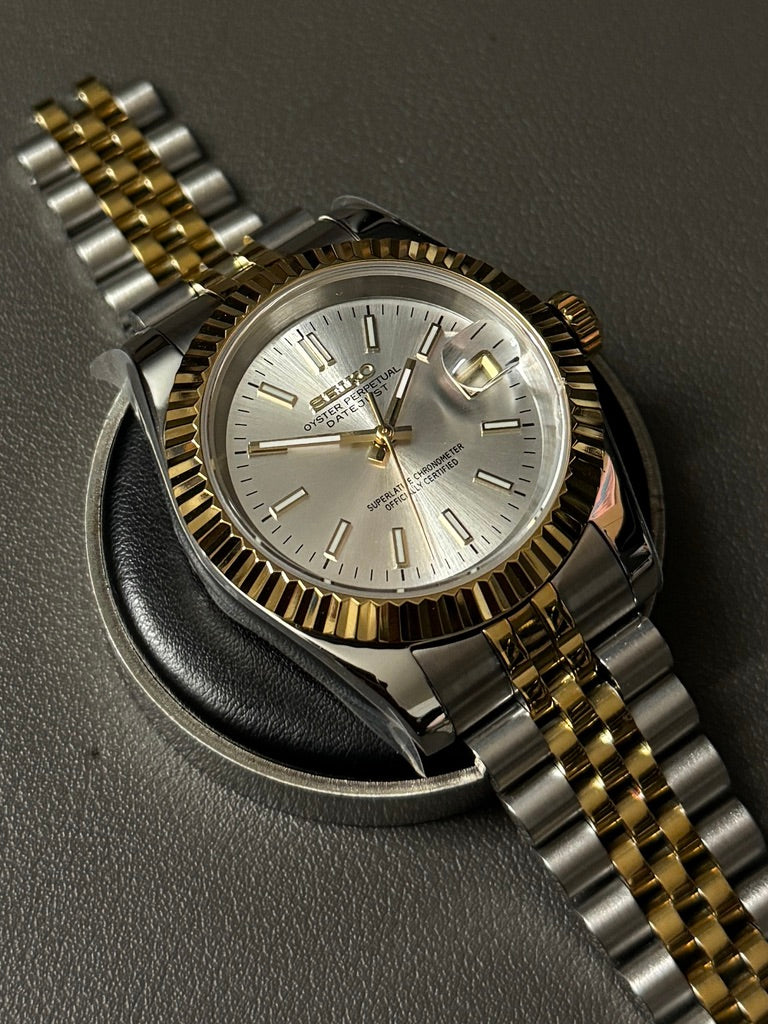 Seiko Mod DateJust: Two-Tone Gold White Dial Stick Markers w/ Jubilee Bracelet