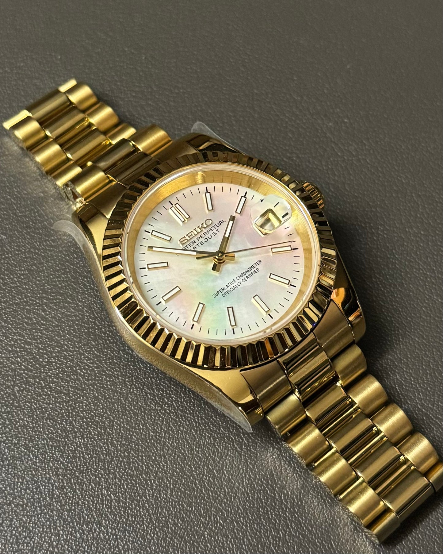 Seiko Mod DateJust: Yellow Gold Mother of Pearl Dial Stick Markers w/ Presidential Bracelet