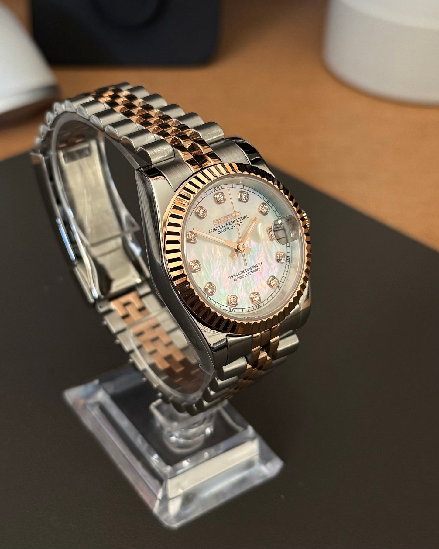 Seiko Mod DateJust: Two-Tone Rose Gold Mother of Pearl Dial Gem Markers w/ Jubilee Bracelet