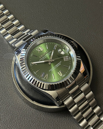 DateJust: Stainless Steel Green Olive Dial Roman Markers w/ Presidential Bracelet